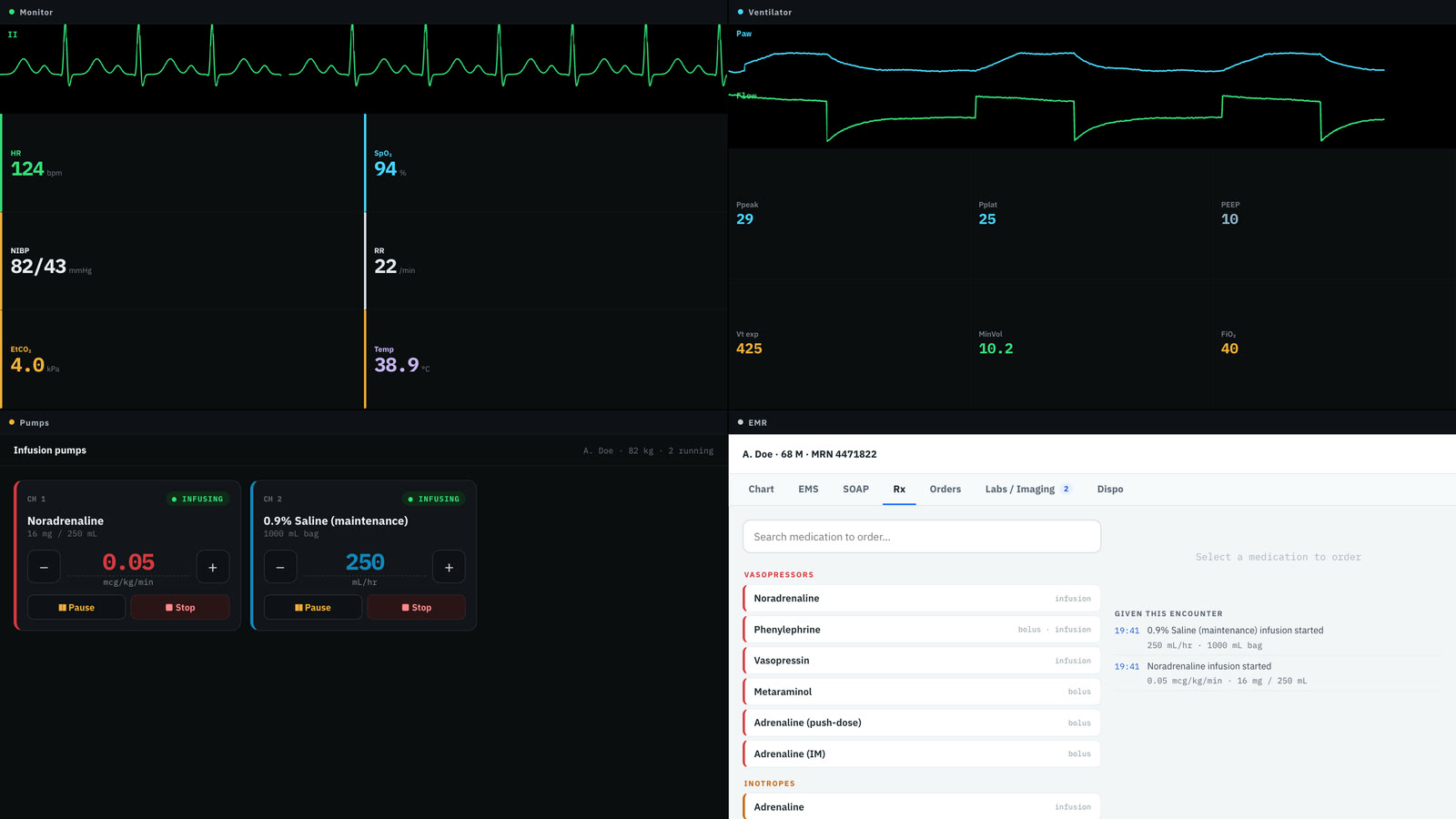 ResusSim wall display showing patient monitor, ventilator, infusion pumps and electronic chart for one simulated patient